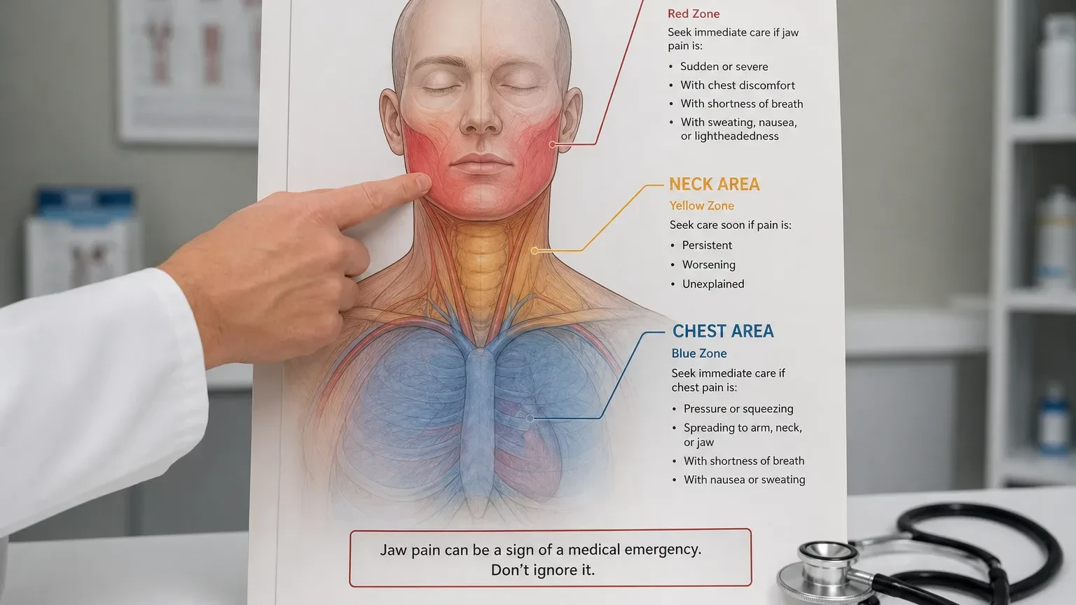 Clinician pointing to jaw and neck areas while explaining emergency jaw pain symptoms