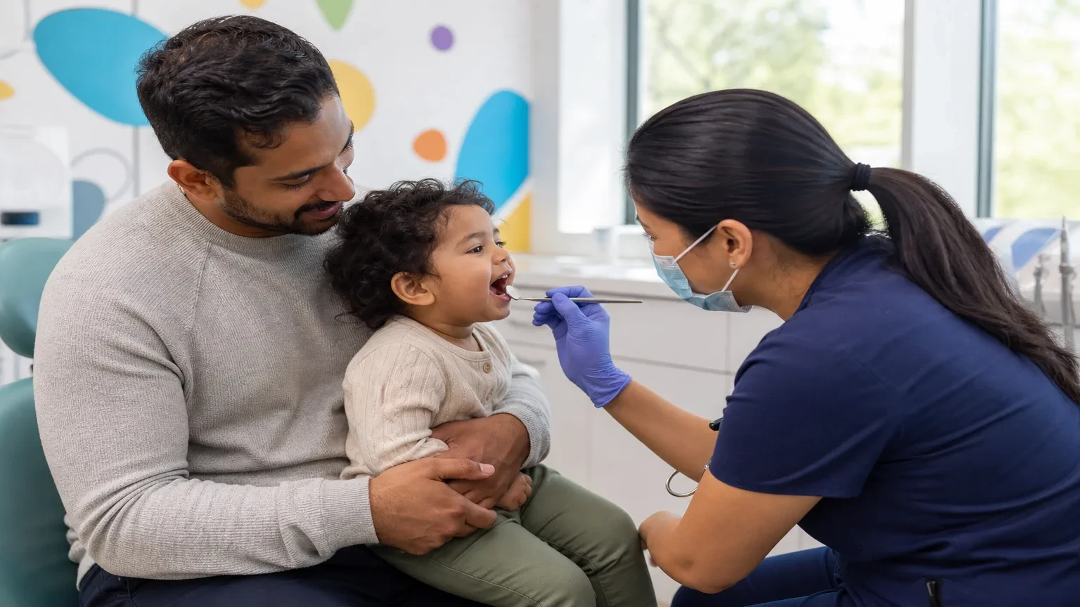 Parent holding a toddler during a gentle first pediatric dental visit