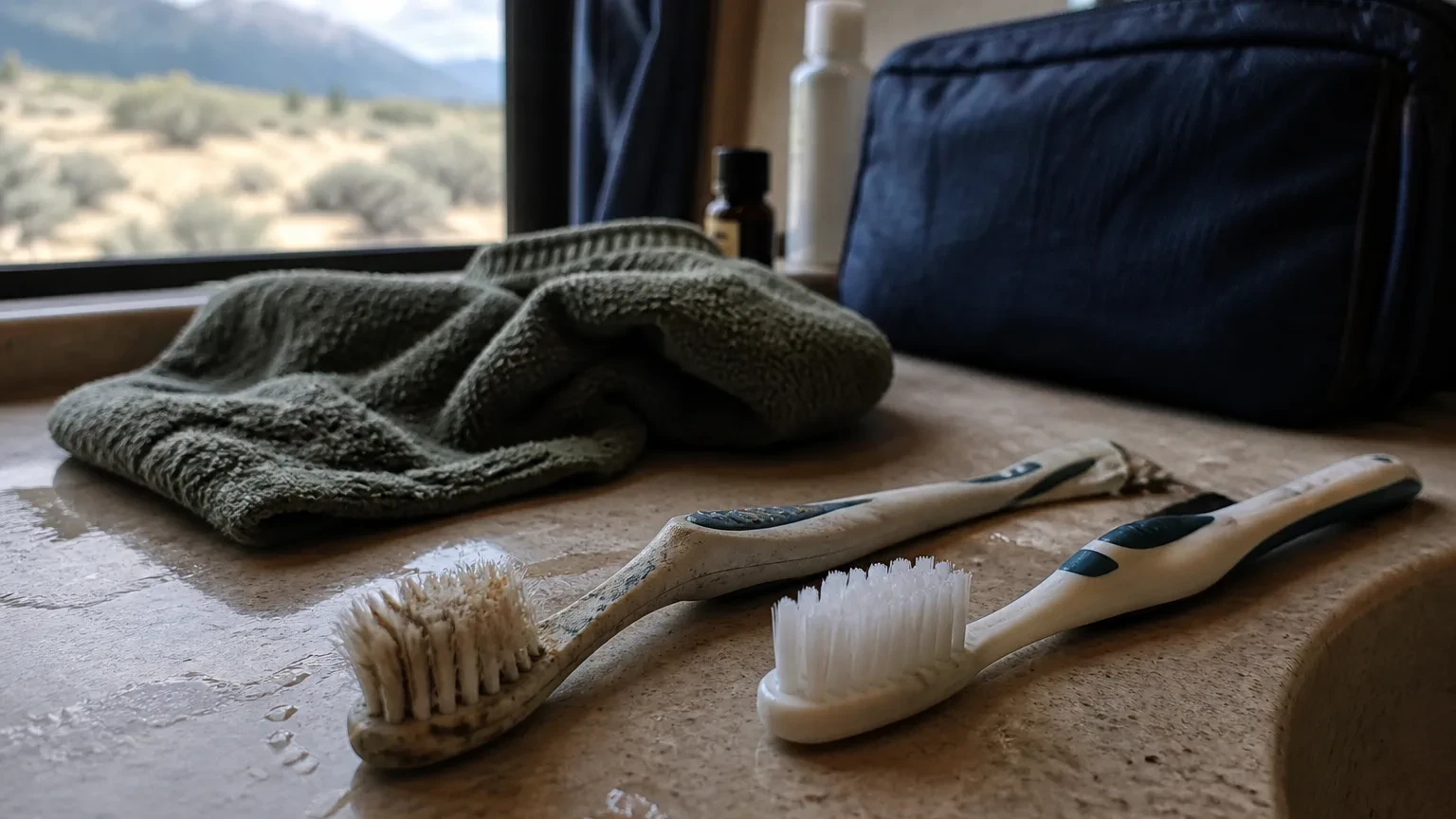 Worn flared toothbrush bristles next to a new soft toothbrush head