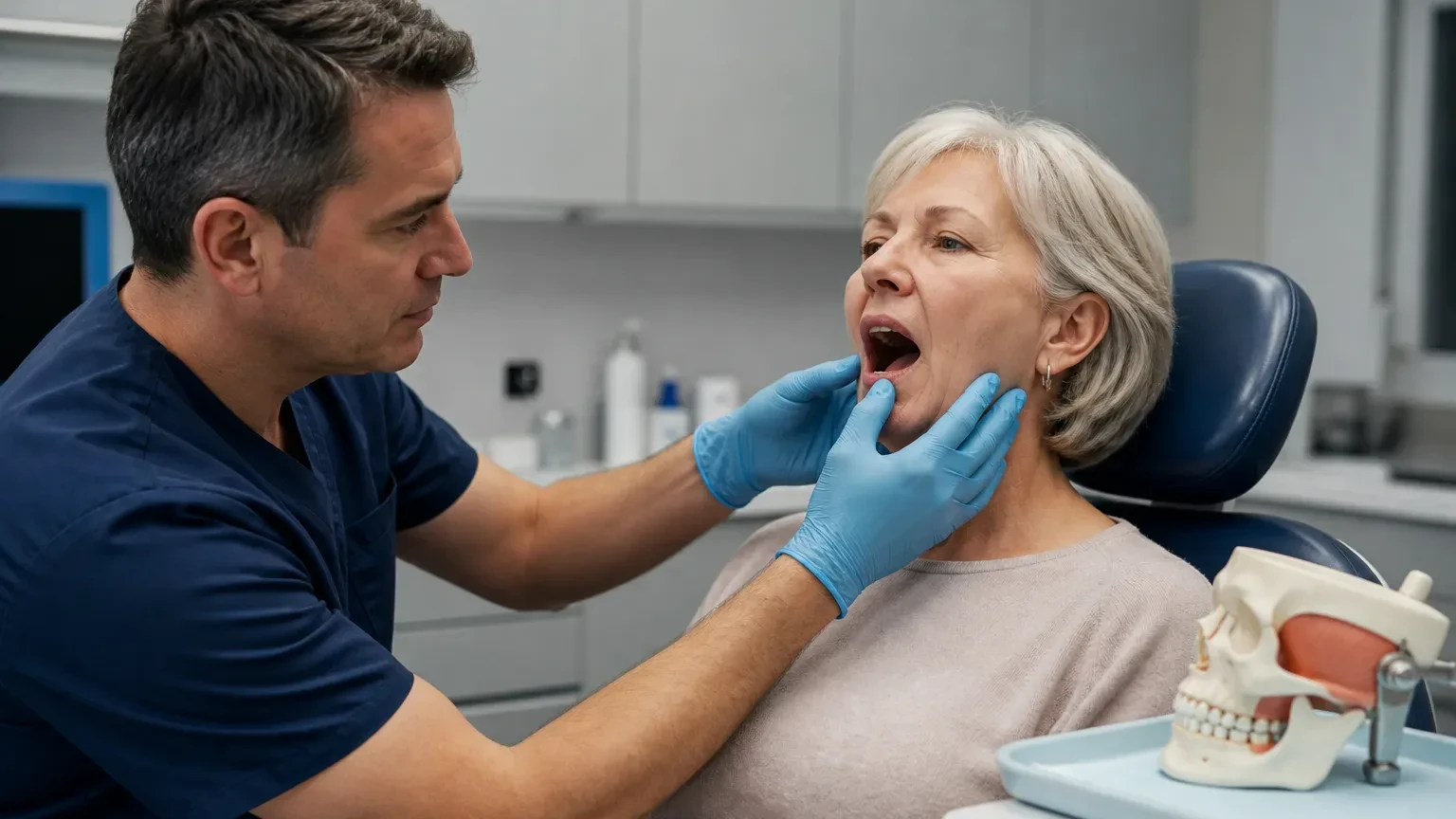 Patient describing jaw clicking and opening limits during a dental consultation