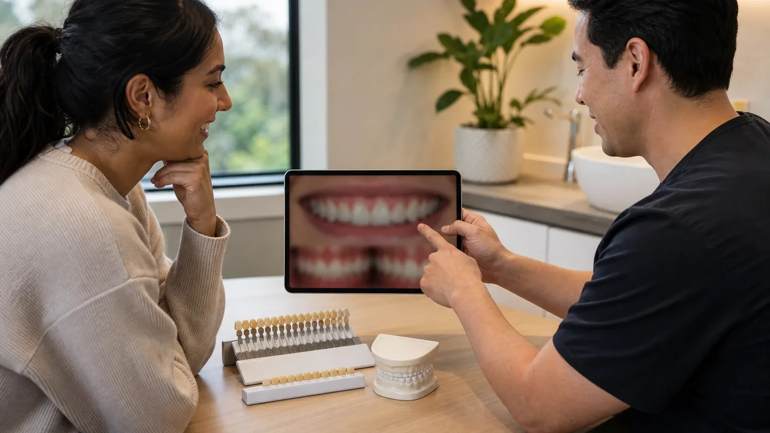Cosmetic dentist reviewing veneer candidacy checklist with patient photos