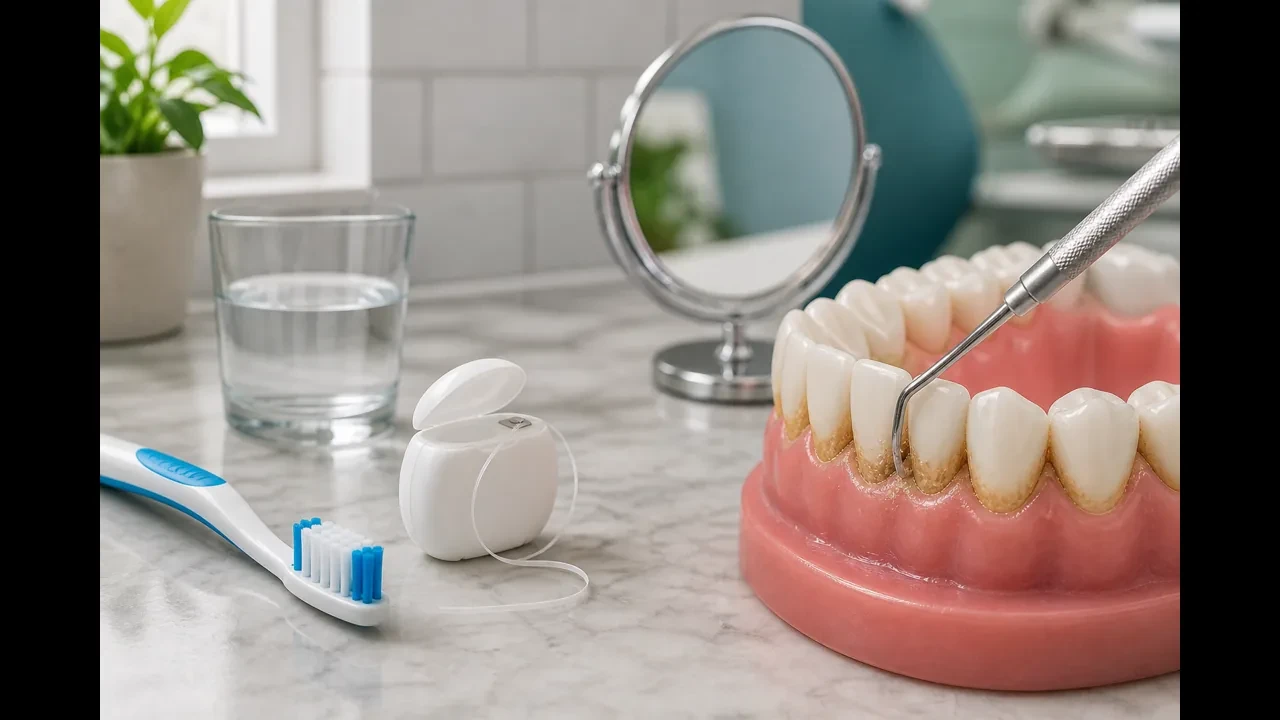 Side-by-side view of home brushing and a hygienist scaling during a cleaning