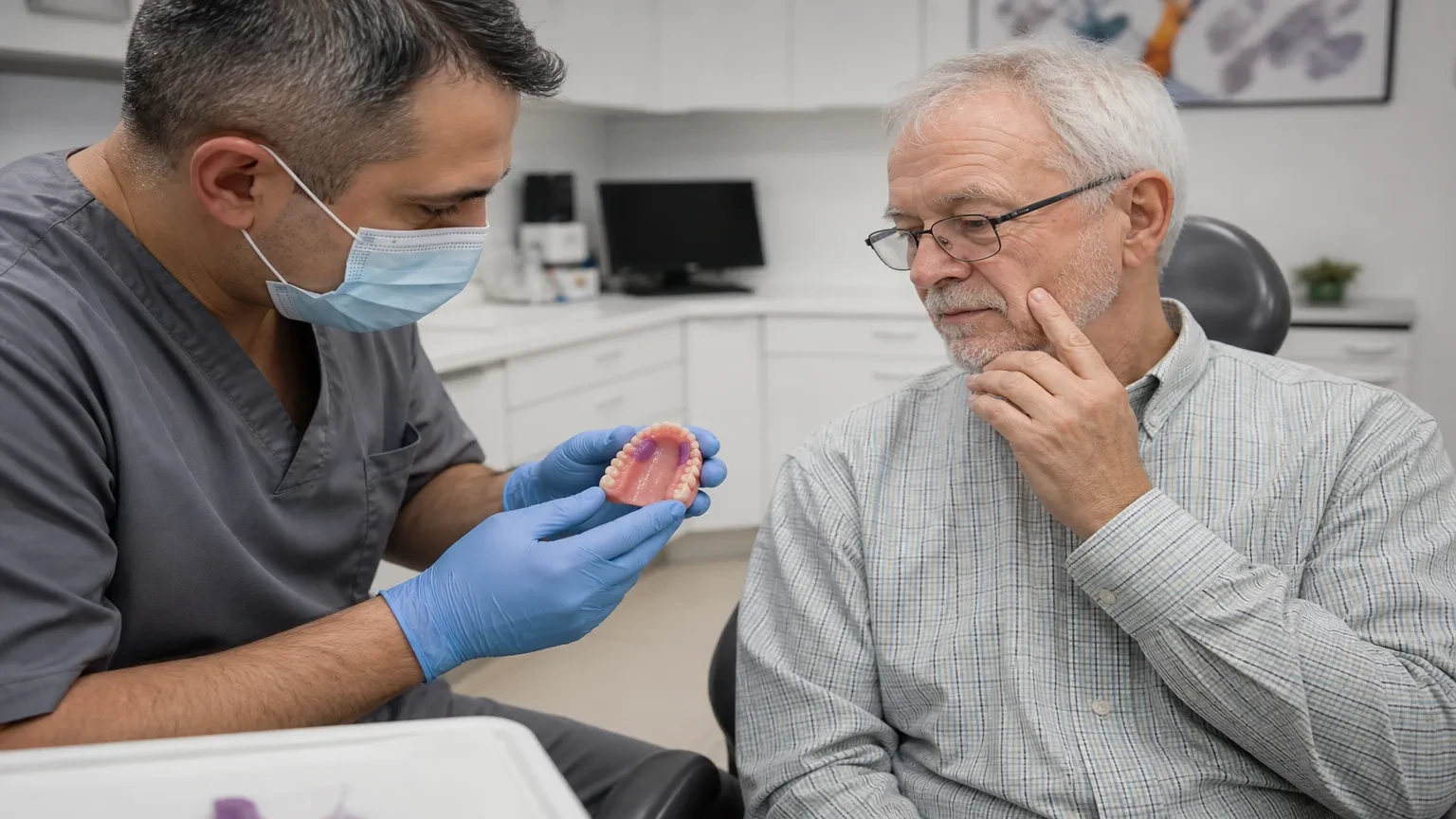 Dentist marking a sore spot on a denture base with pressure-indicating paste