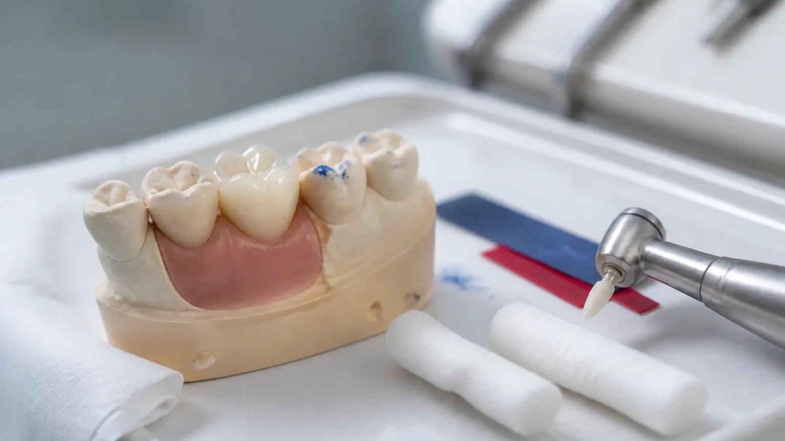 Temporary crown model with dental mirror and bite paper for comfort troubleshooting