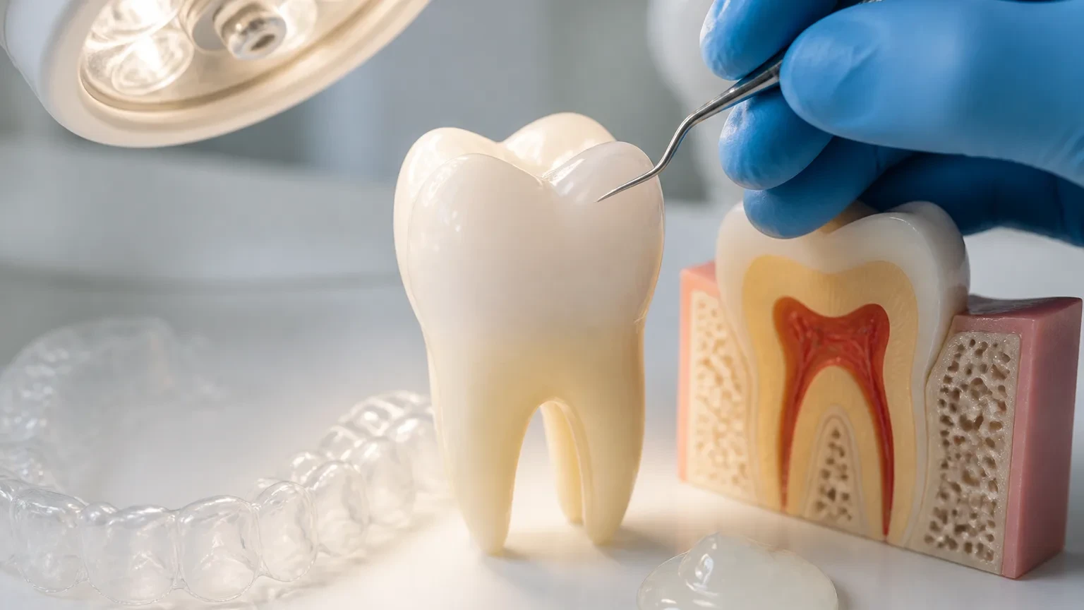 Healthy enamel model with whitening tray and fluoride gel used to explain bleaching safety