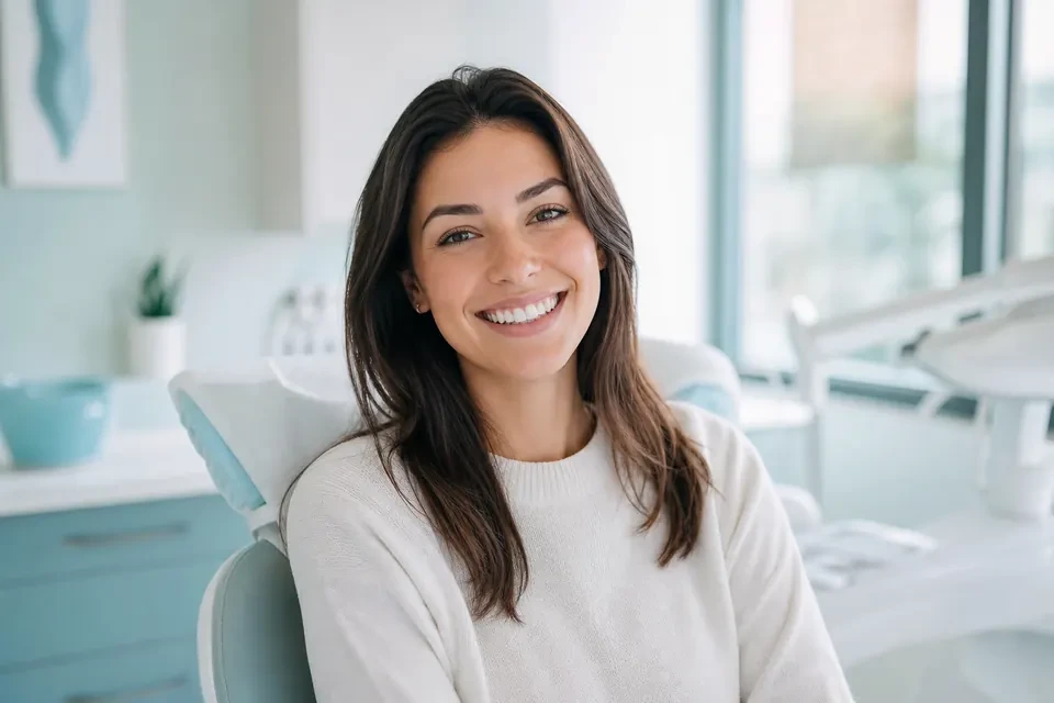 Happy patient with a bright, healthy smile in a modern dental office