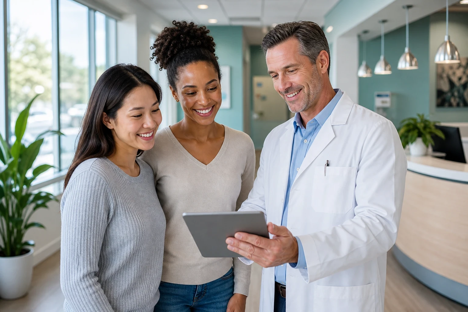 Dentist reviewing a treatment plan on a tablet with patients in a bright modern clinic