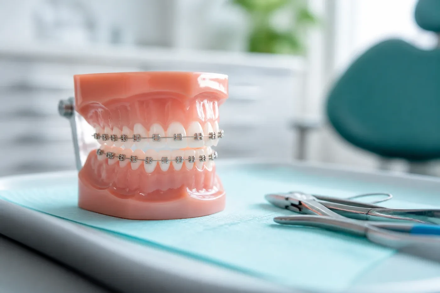 Metal braces on a dental model with orthodontic instruments