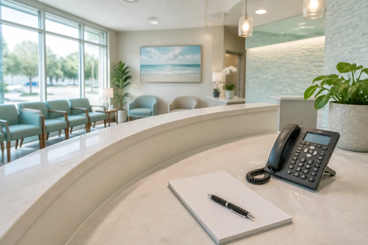 Reception desk phone and notepad ready for patient contact inquiries