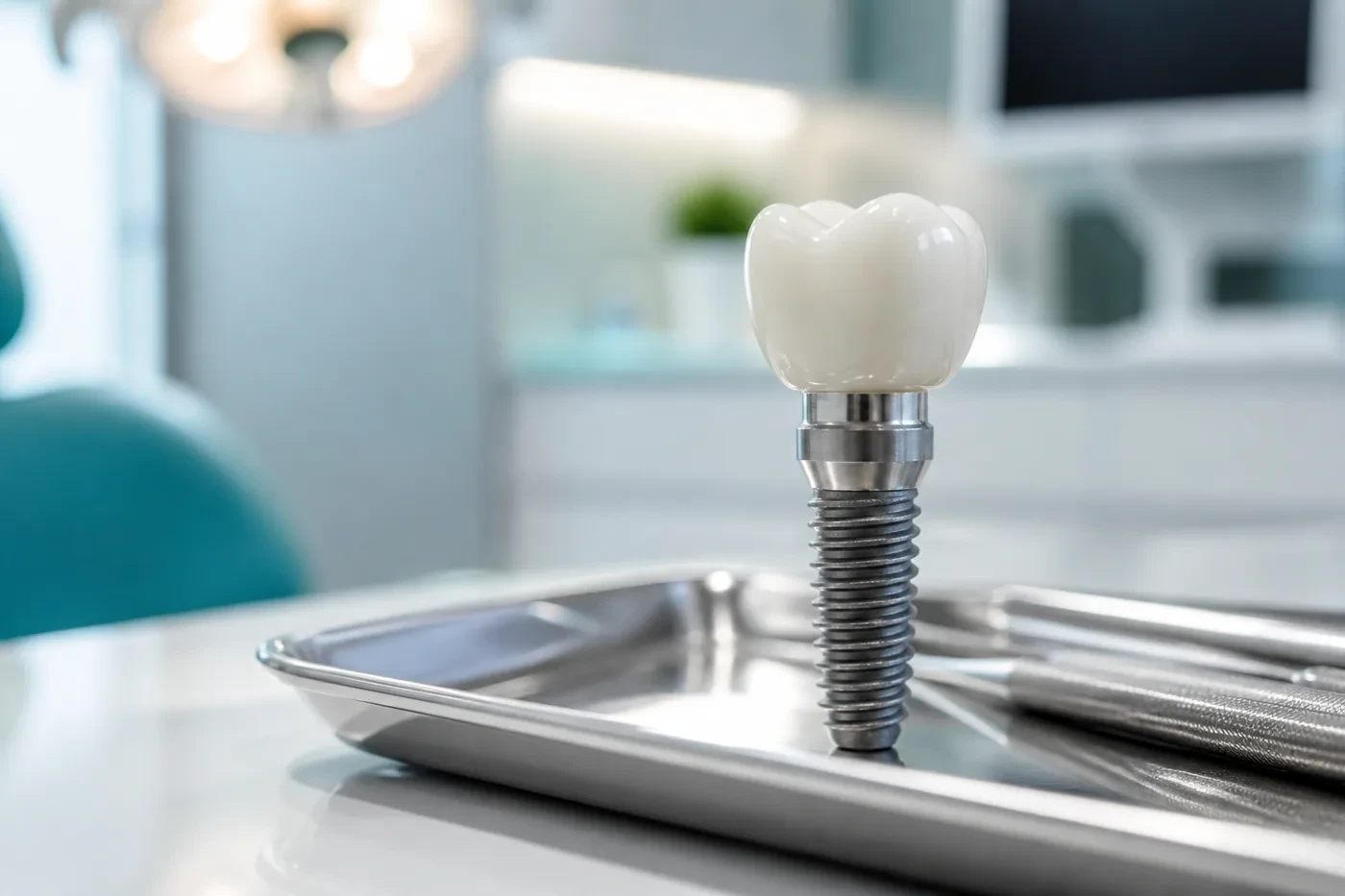 Titanium dental implant post and ceramic crown model on a clinical tray