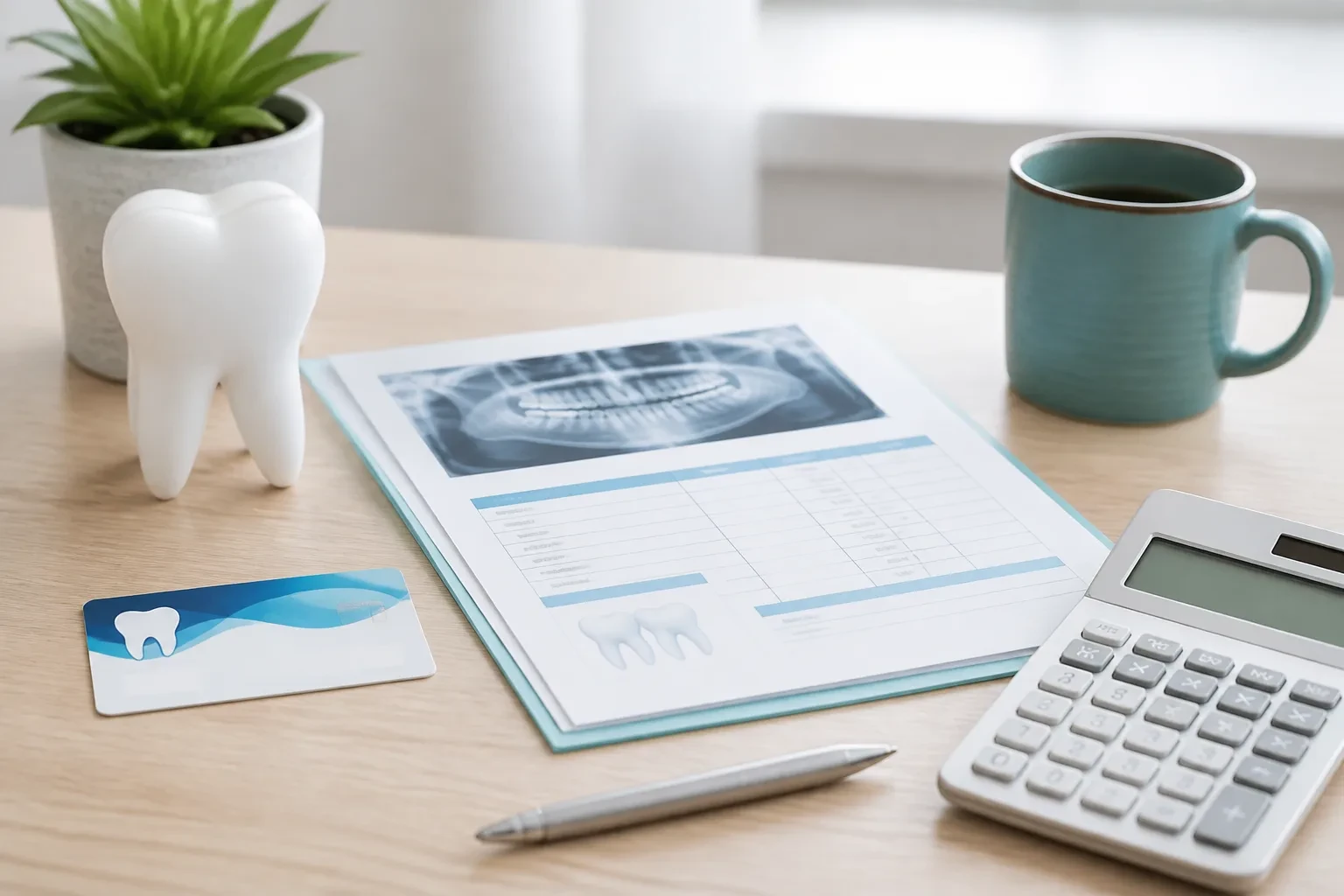 Insurance card and treatment estimate paperwork on a tidy desk