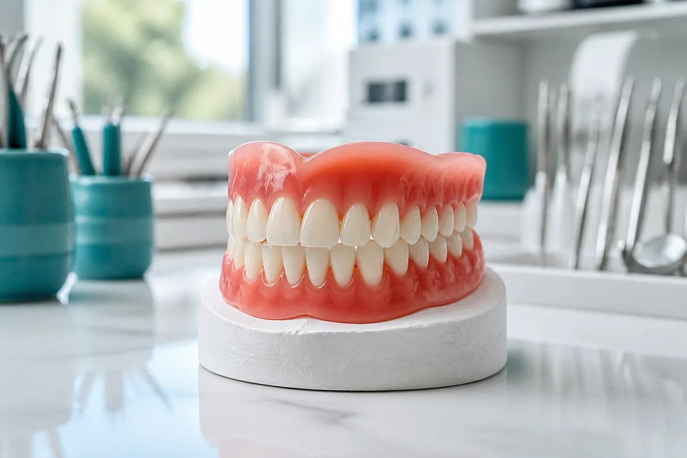 Full denture set displayed on a clean dental laboratory stand