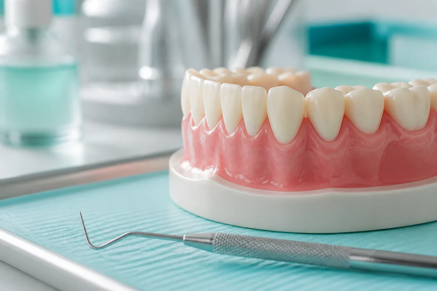 Dental model highlighting gum health with a periodontal probe