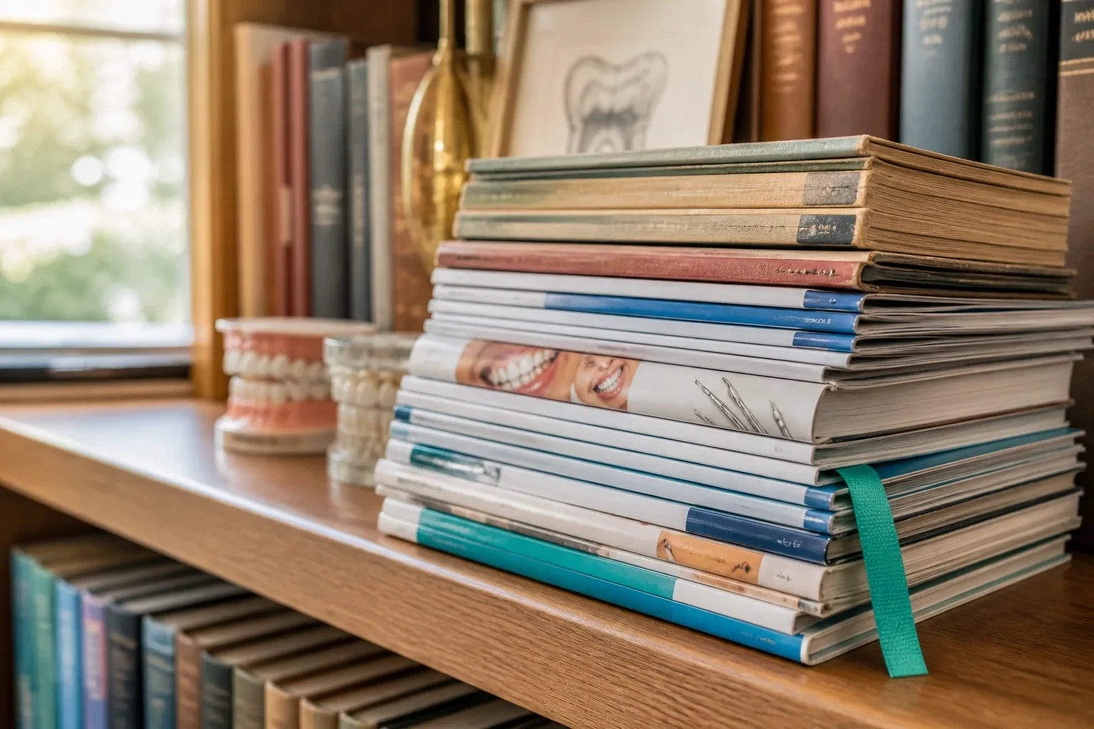 Archive of dental magazines and guides stacked on a library shelf
