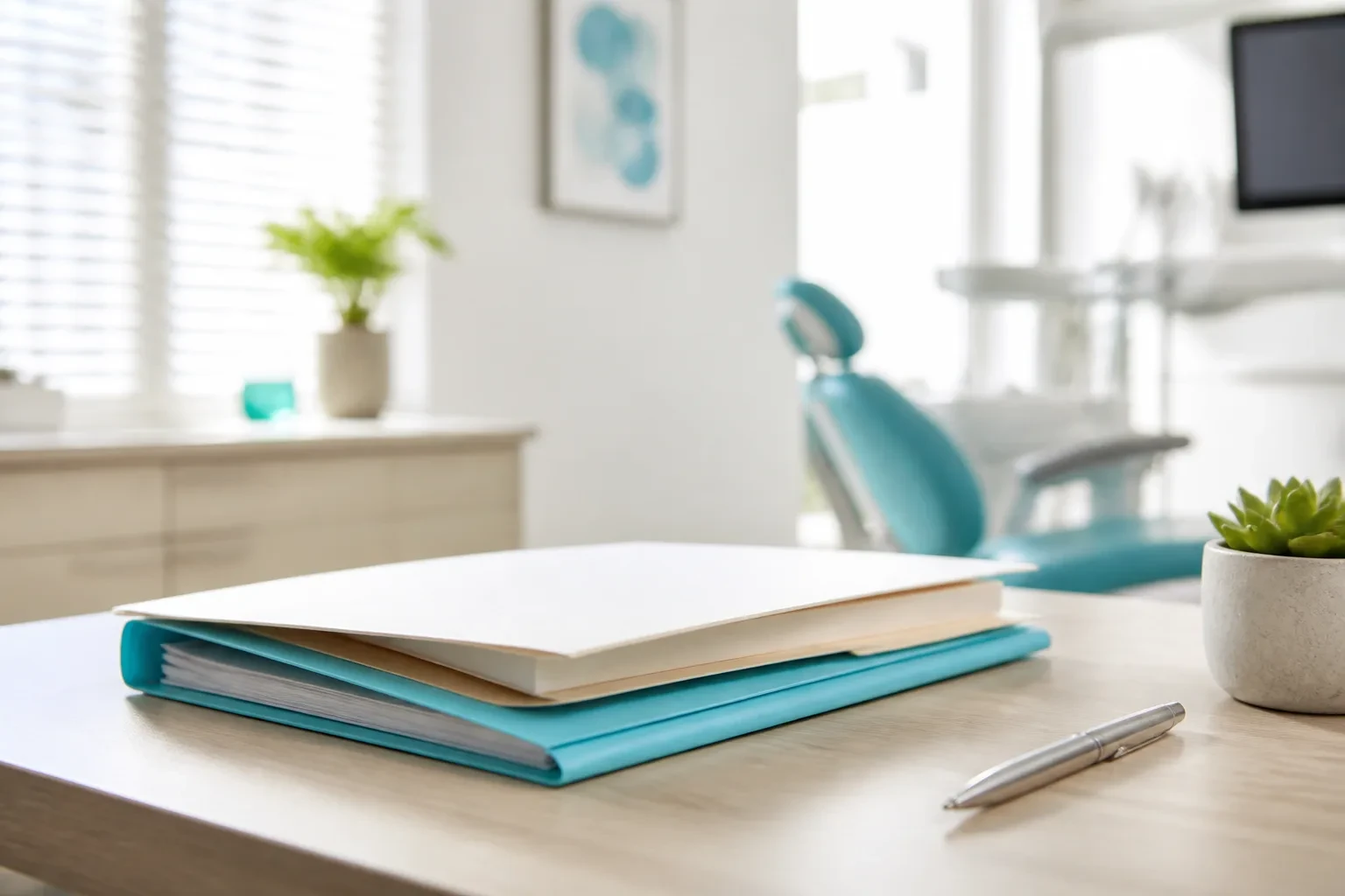 Legal documents and pen on a clean desk for dental practice notices