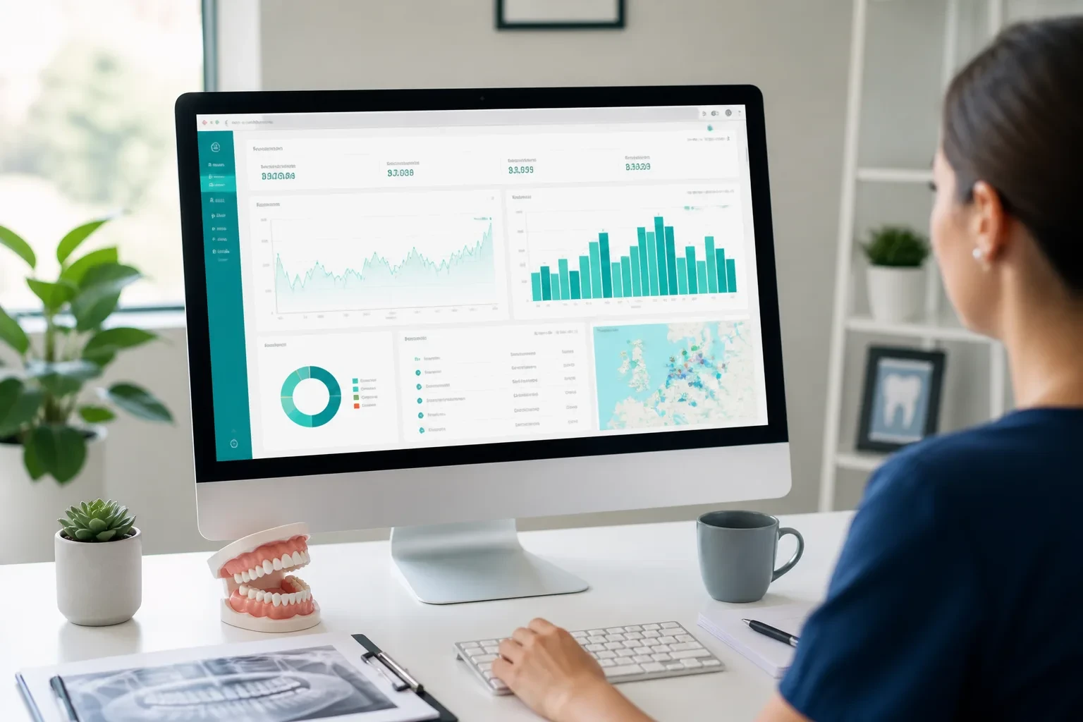 Dental practice growth dashboard on a computer in a modern office