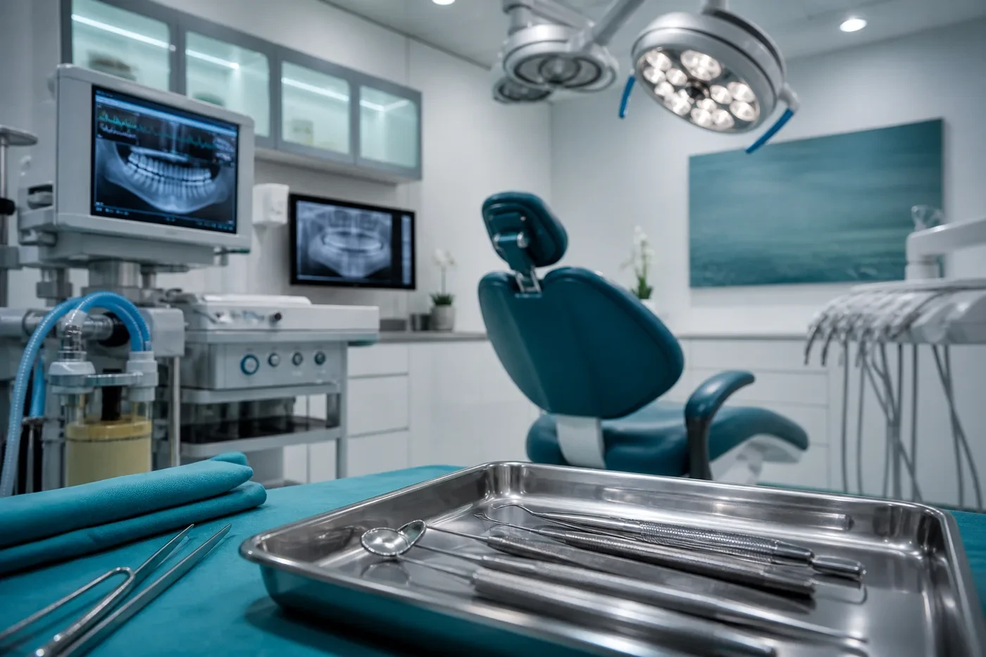 Modern oral surgery suite with sterile instruments and surgical lights