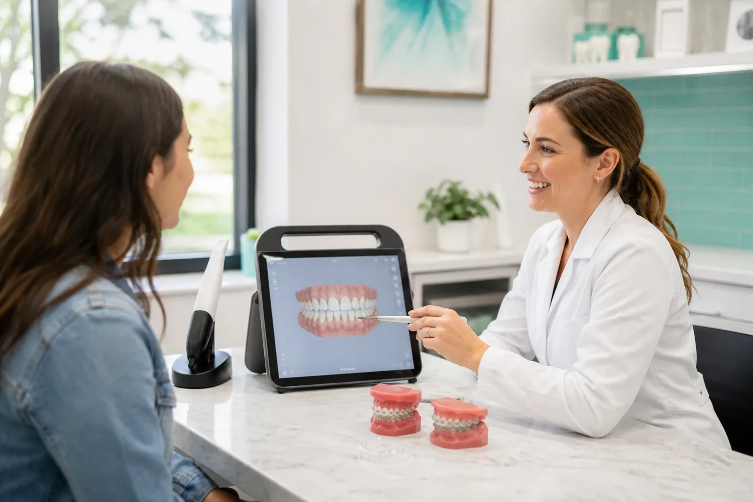 Orthodontist consultation with braces models and digital smile scan