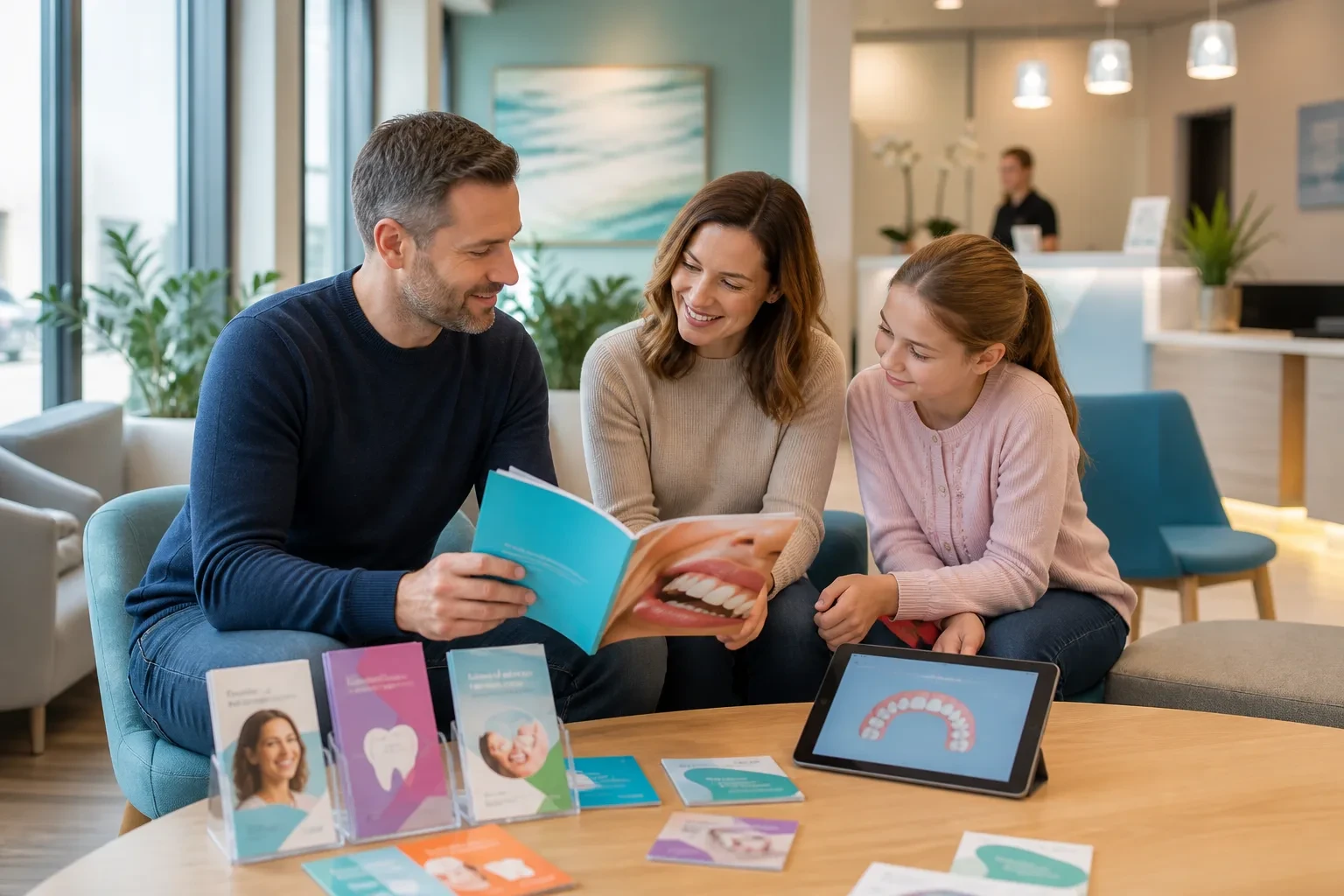 Patients browsing dental care guides on a bright clinic waiting-area table