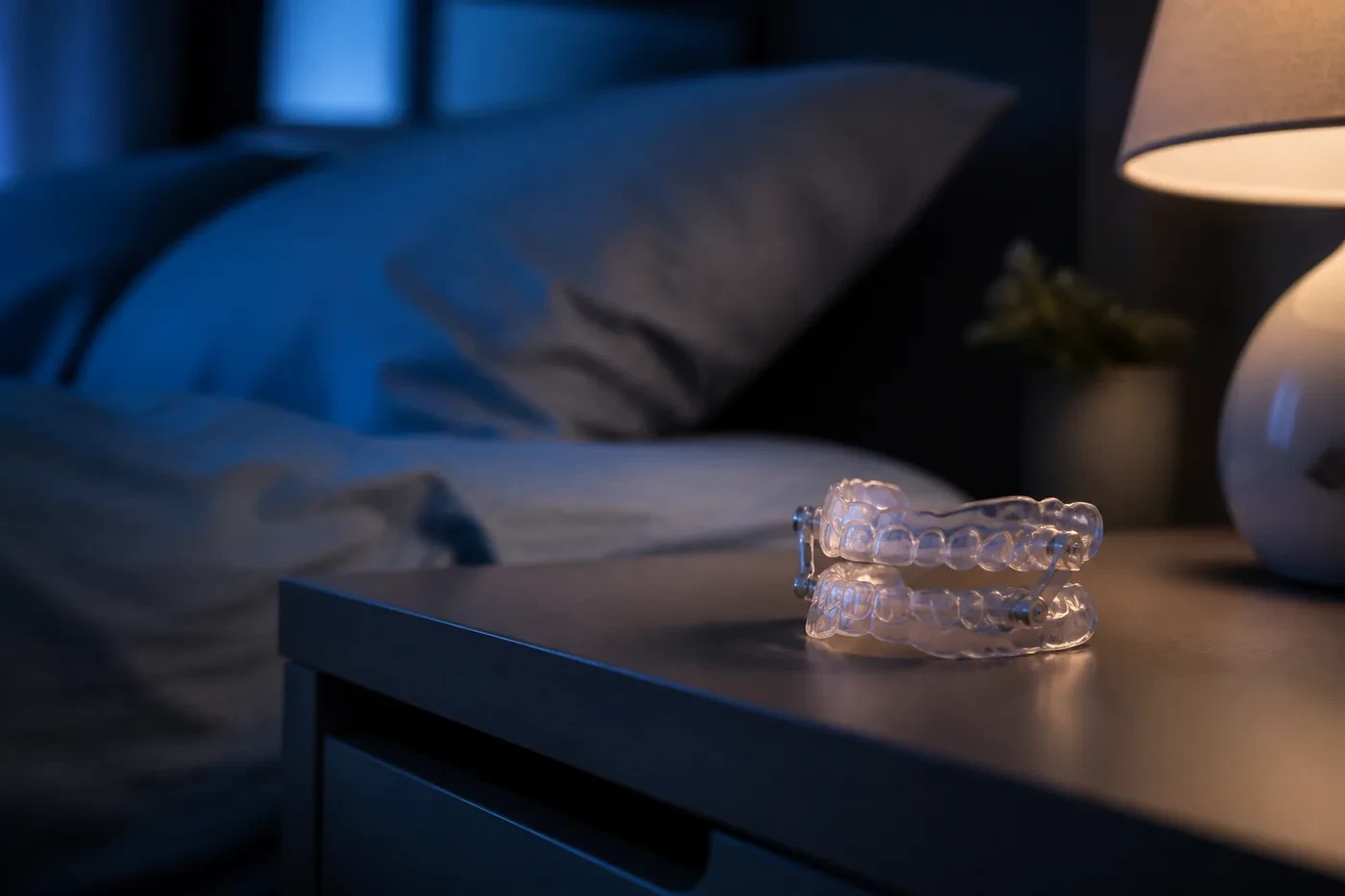Custom oral sleep appliance on a nightstand for sleep apnea care