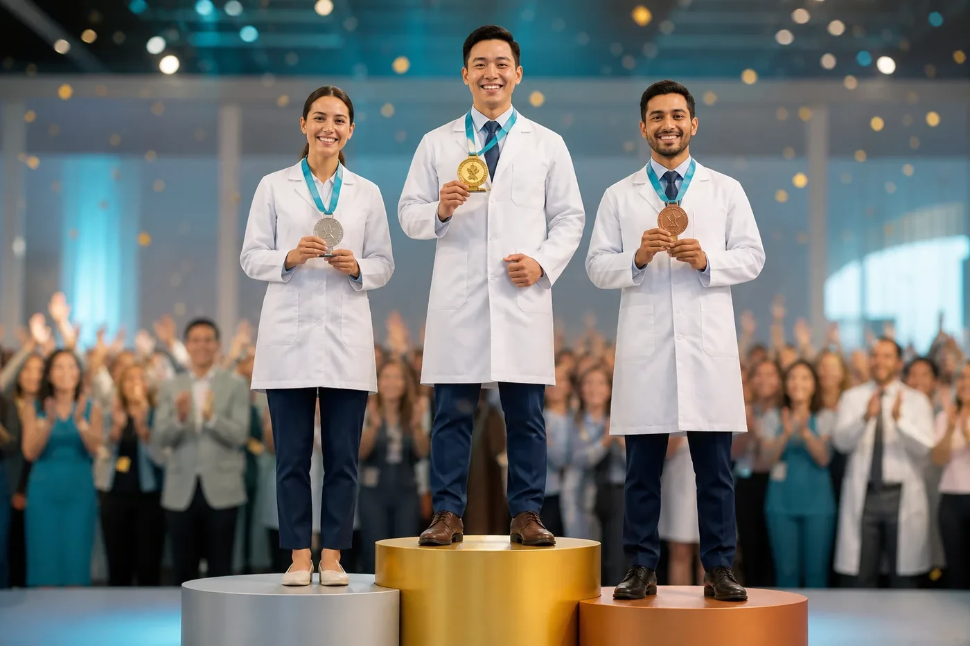 Three smiling dentists on a winners podium with gold, silver, and bronze medals as a crowd cheers