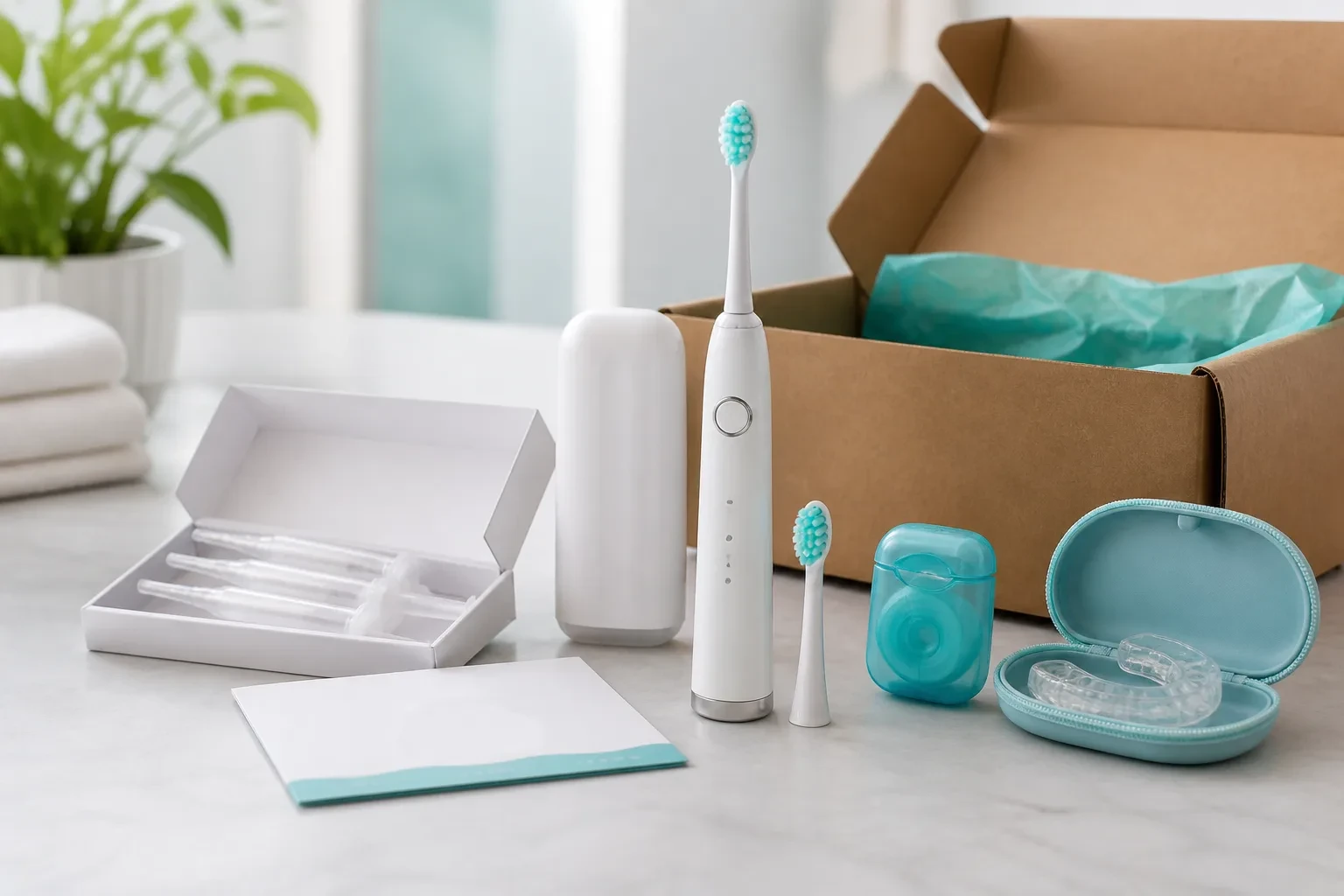Dental home-care products arranged as if ready for online shopping