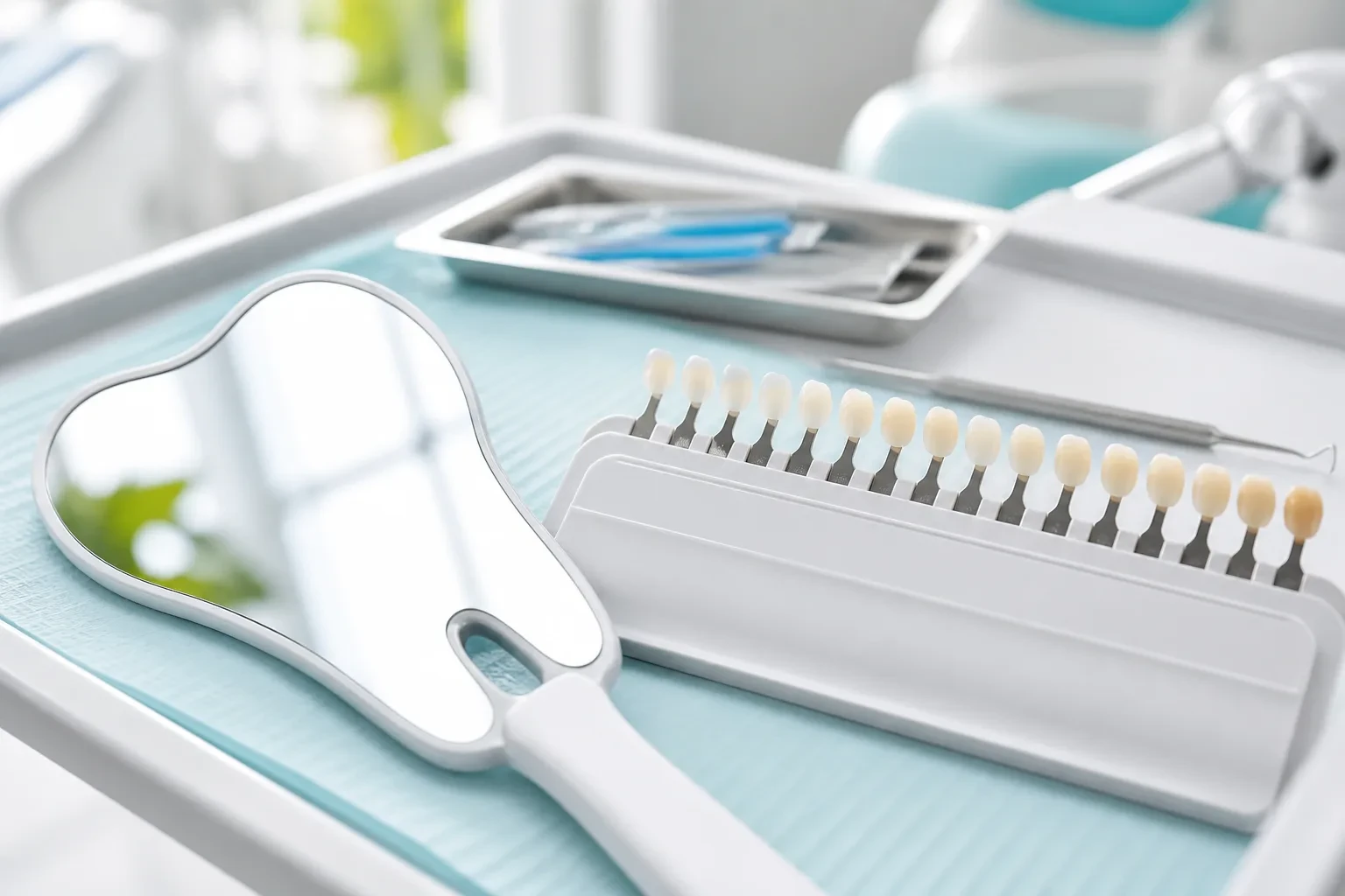 Cosmetic dentistry mirror and whitening shade guide on a tray