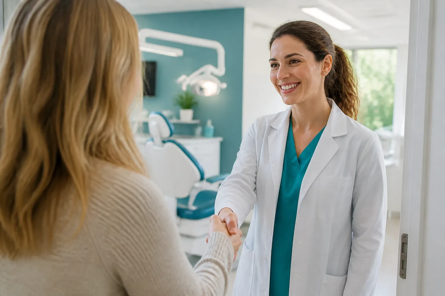 General dentist greeting a patient in a bright operatory