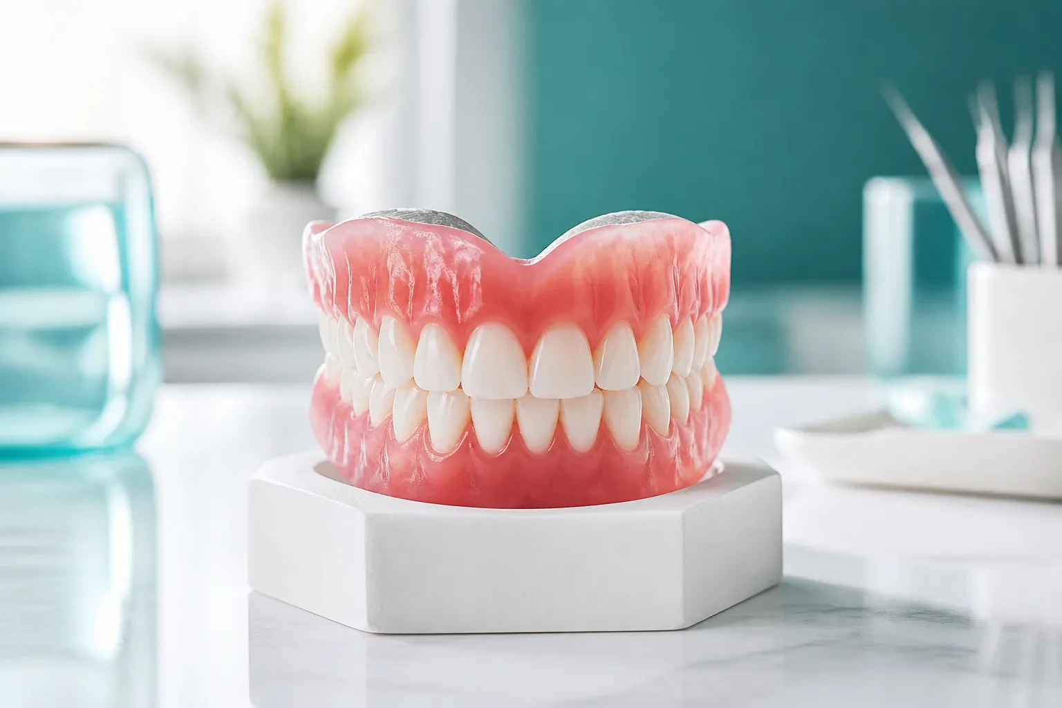 Complete denture set on a laboratory stand in soft daylight