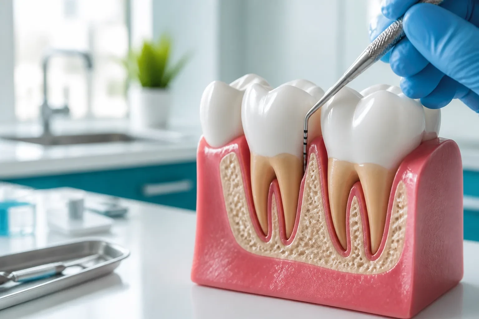 Gum health model with periodontal probe in a clinical setting