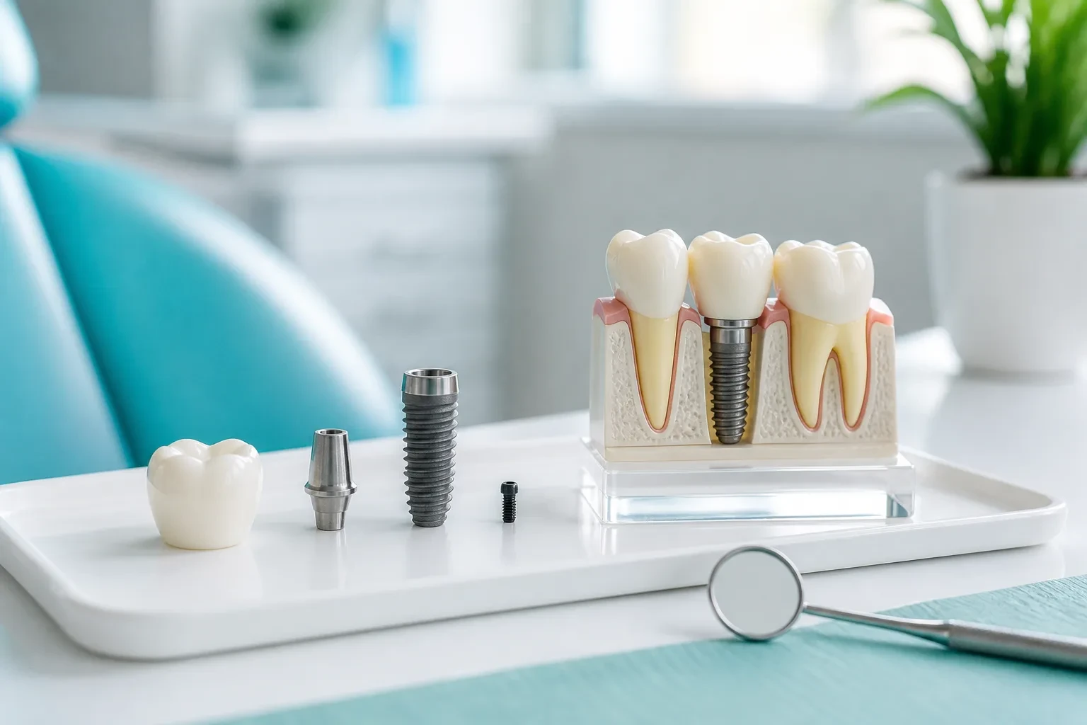 Dental implant components staged for a patient education demo