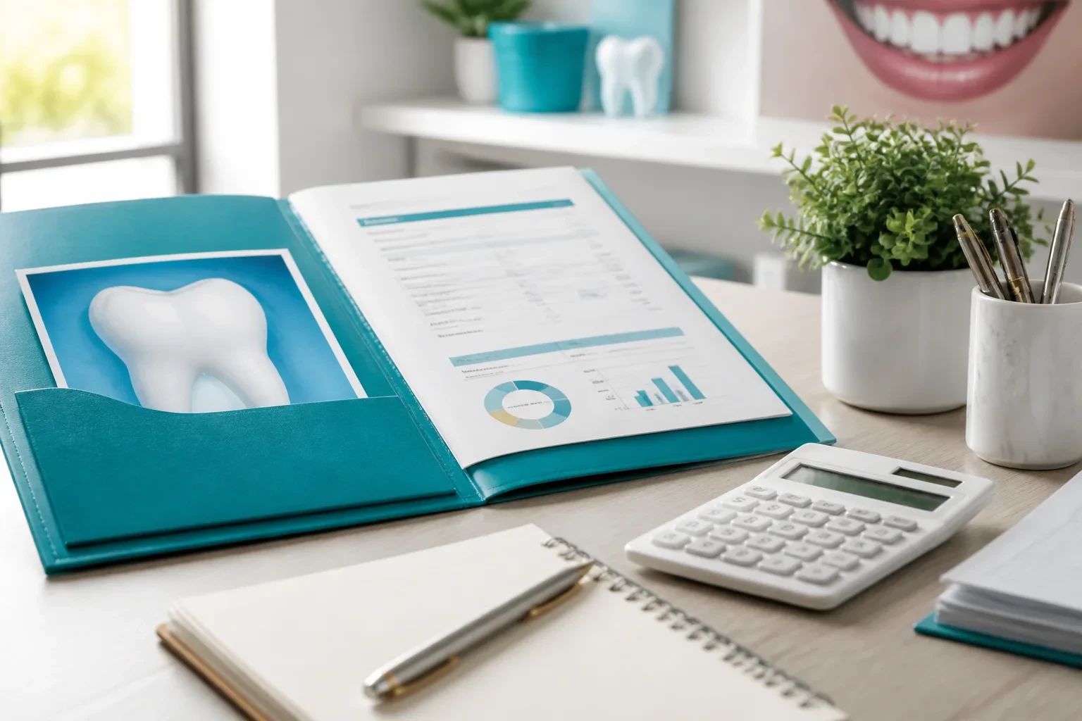 Dental benefits summary and calculator on a planning desk