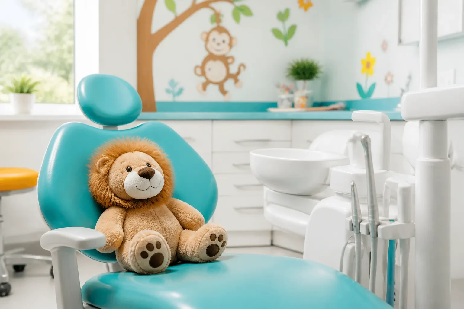 Colorful kids dental chair and stuffed animal in a pediatric clinic