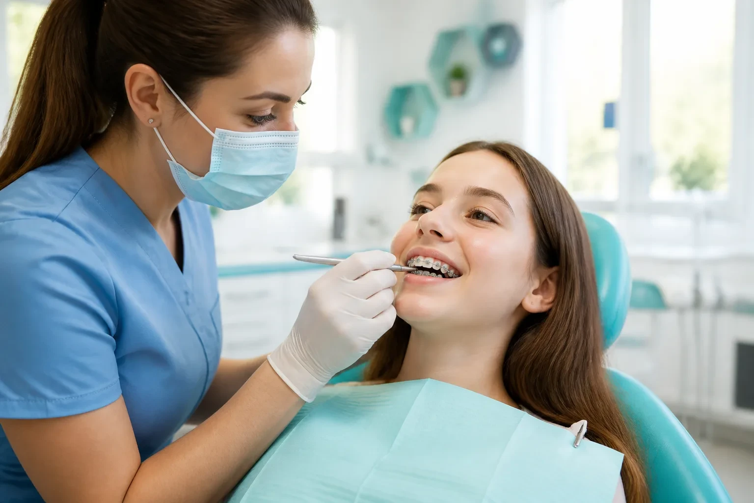 Orthodontist adjusting braces in a bright specialty clinic