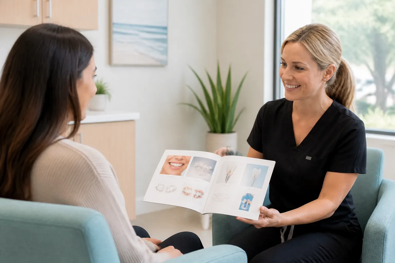 Patient reviewing dental care options in a calm consultation room