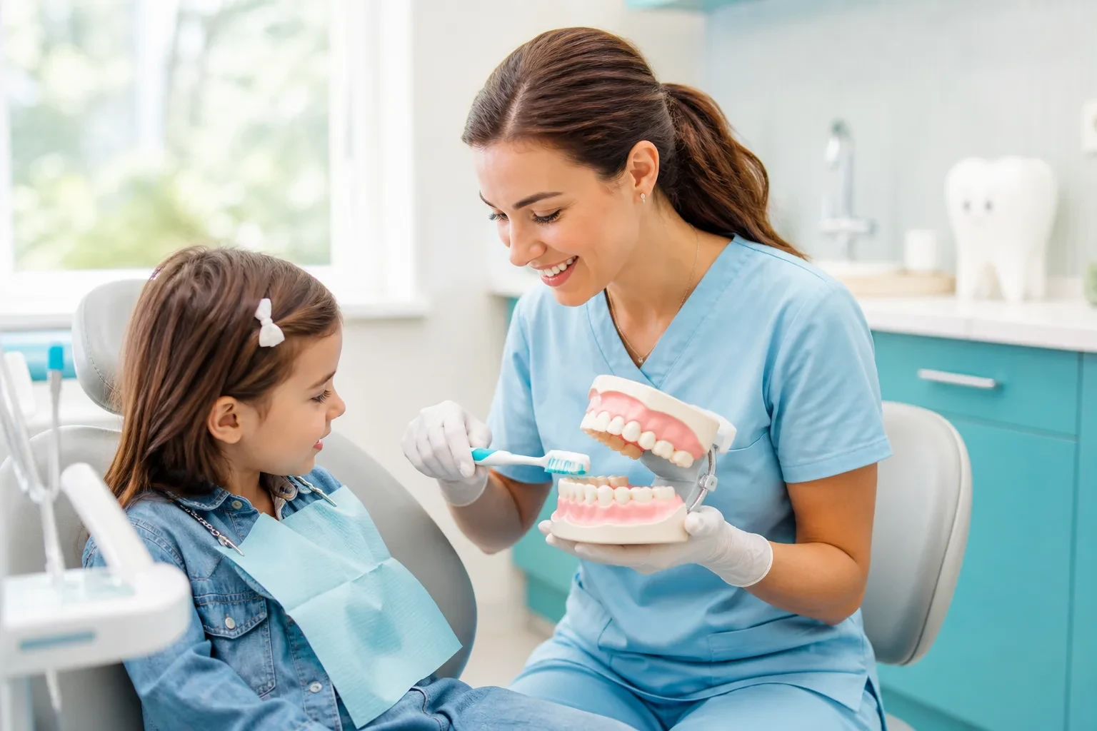 Pediatric dentist showing a child how to brush with a demo model