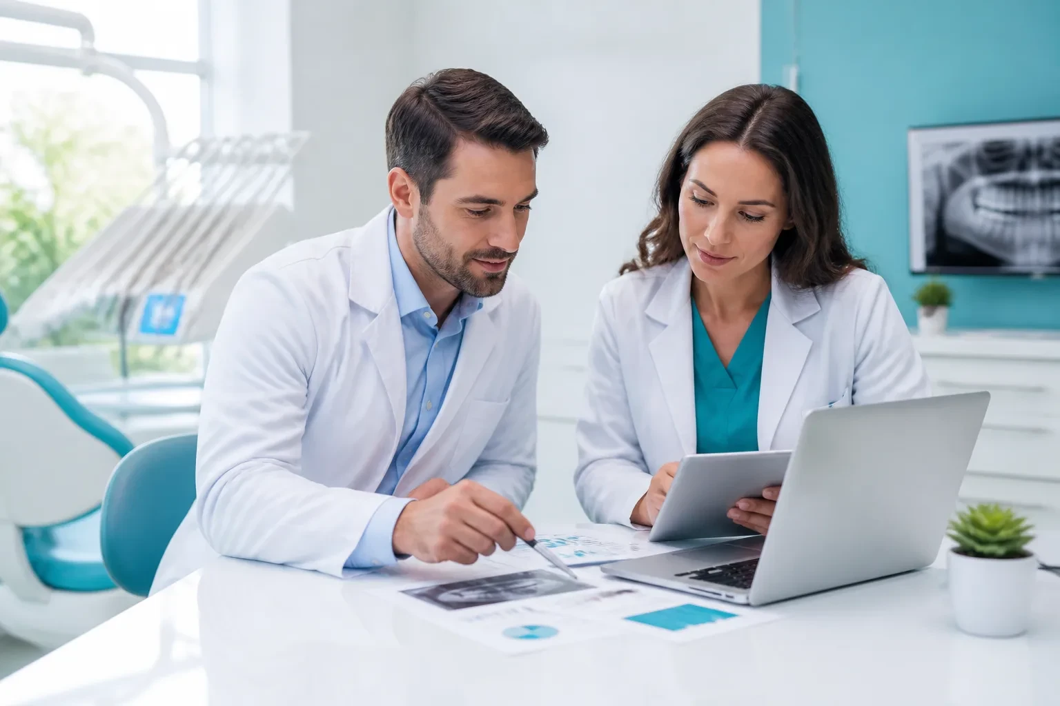 Dental professionals collaborating over charts in a clinic office