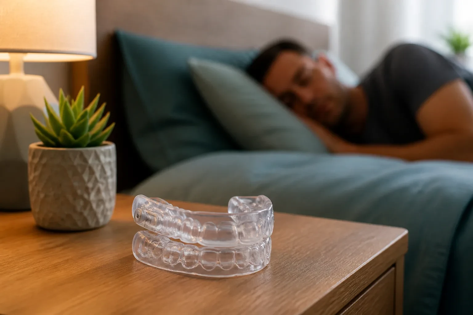 Oral appliance for snoring on a bedside table at night