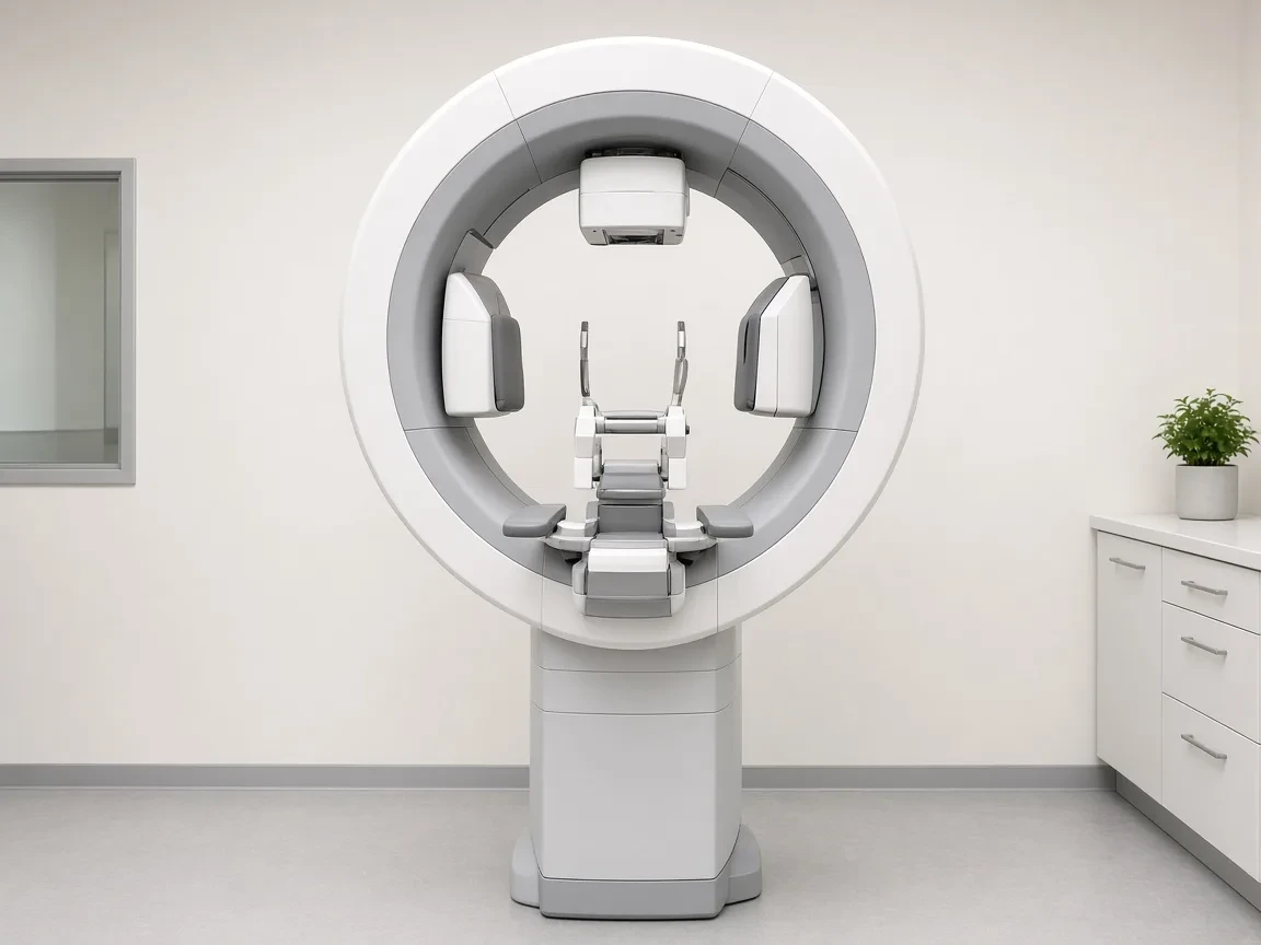 Cone-beam CT scanner with a circular gantry in a dental imaging room