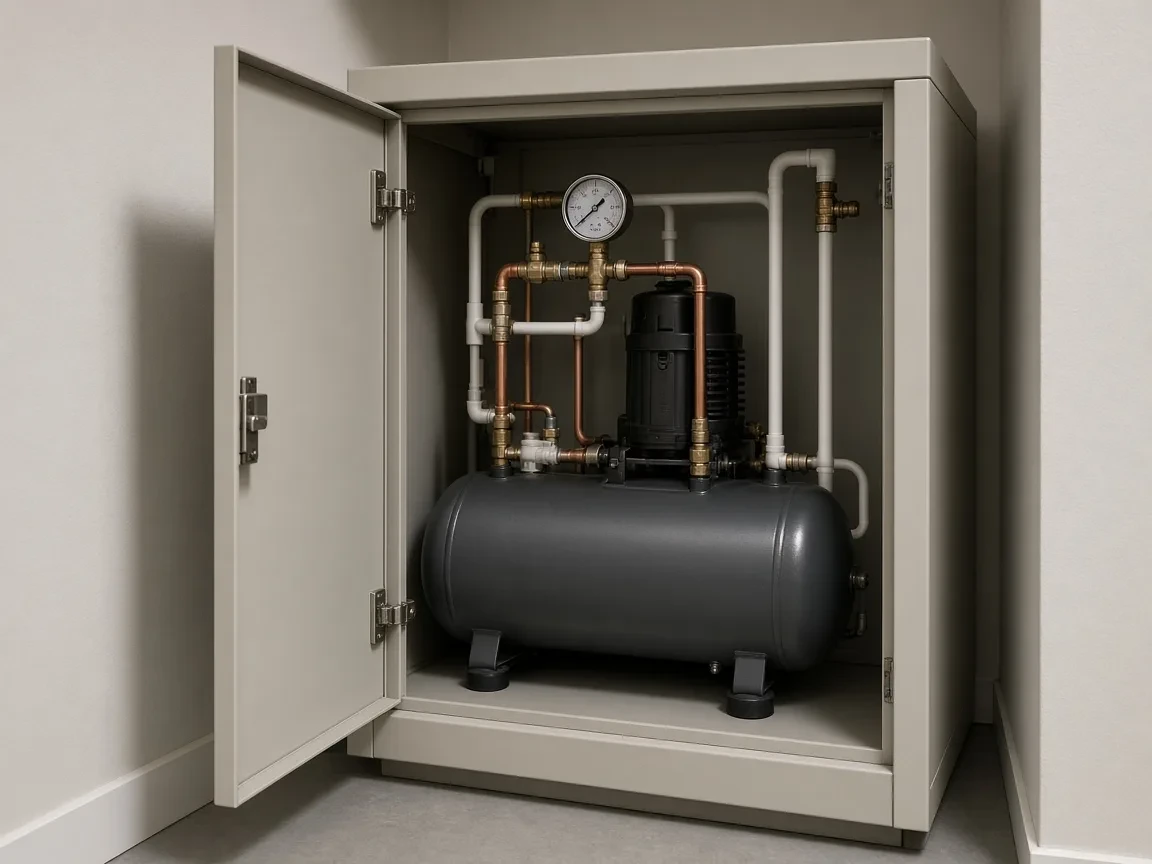 Dental air compressor and tank inside a mechanical closet