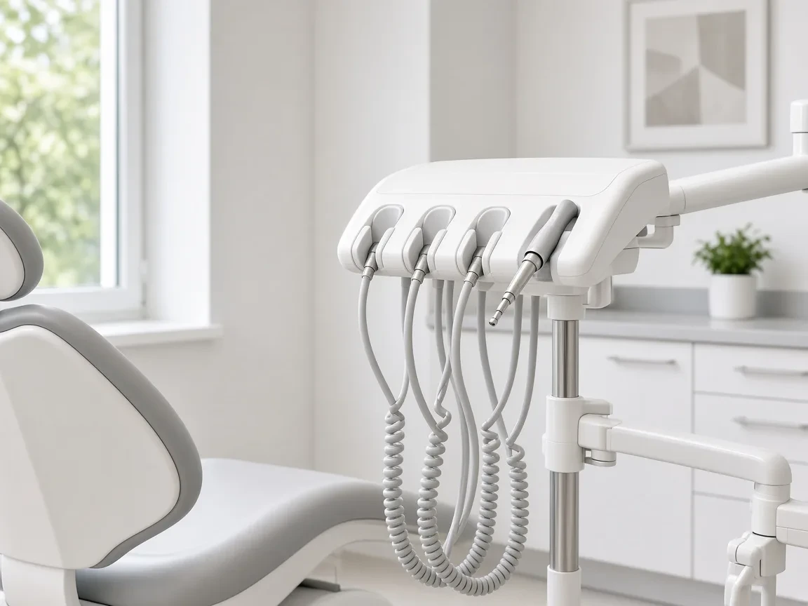 Dental delivery unit with handpiece holders beside a treatment chair