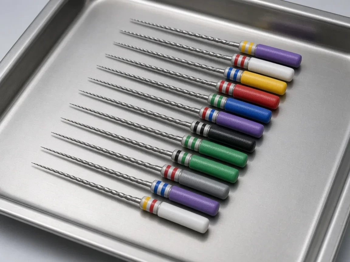 Nickel-titanium endodontic files on a tray