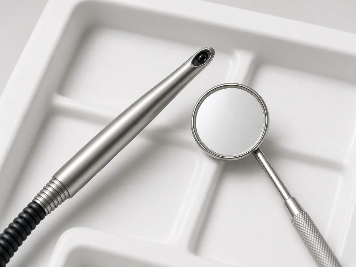 Intraoral camera wand and a mouth mirror on a bracket tray