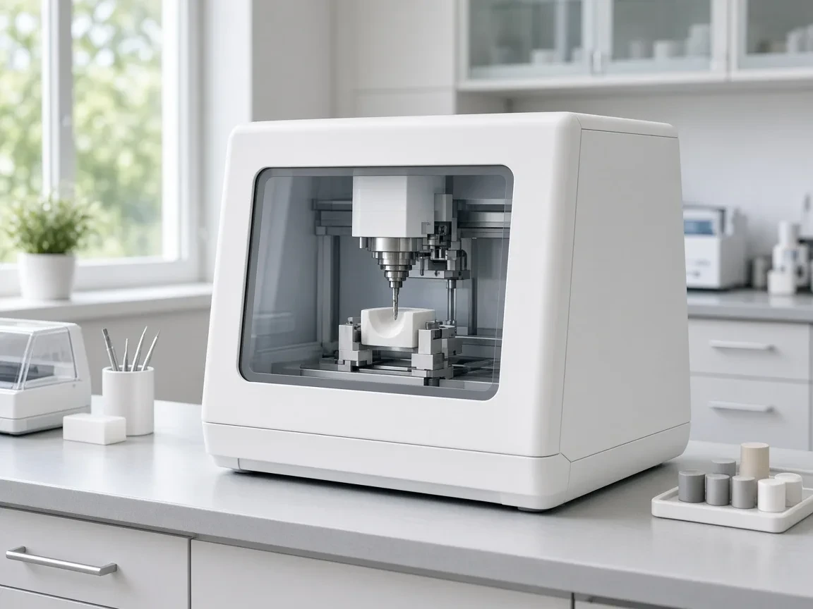 Dental milling machine cutting a ceramic block