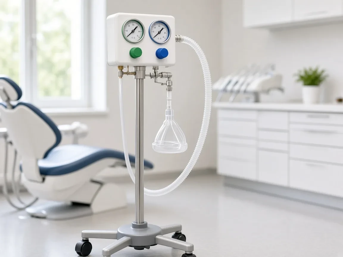 Dental nitrous oxide flowmeter and nasal hood on a portable stand