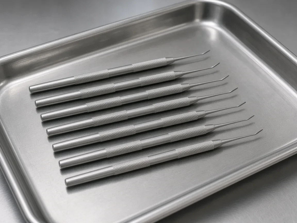Thin steel periotome blades on a tray