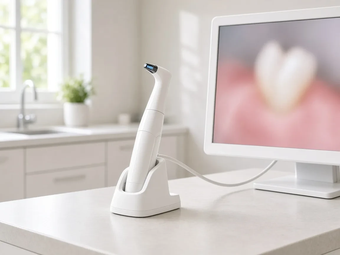 Intraoral scanner wand docked beside a monitor