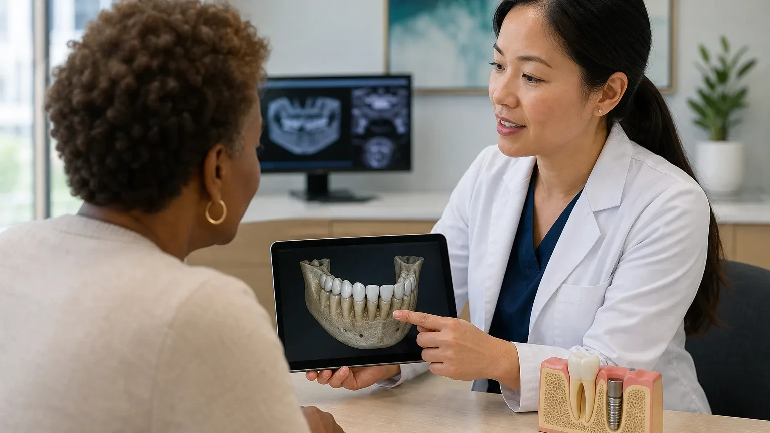 Patient and implant dentist review a jaw scan and bone model to decide candidacy for dental implants