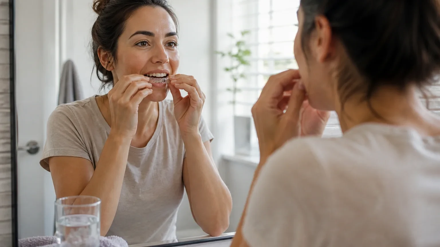 Person holding a new clear aligner tray with a mild-soreness comfort kit nearby