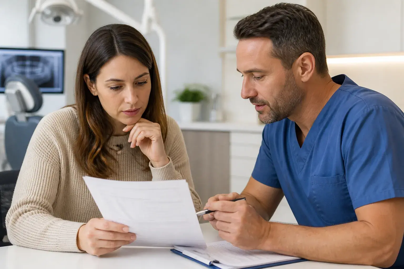 Patient reviewing dental payment plan paperwork beside a treatment estimate in a modern dental office